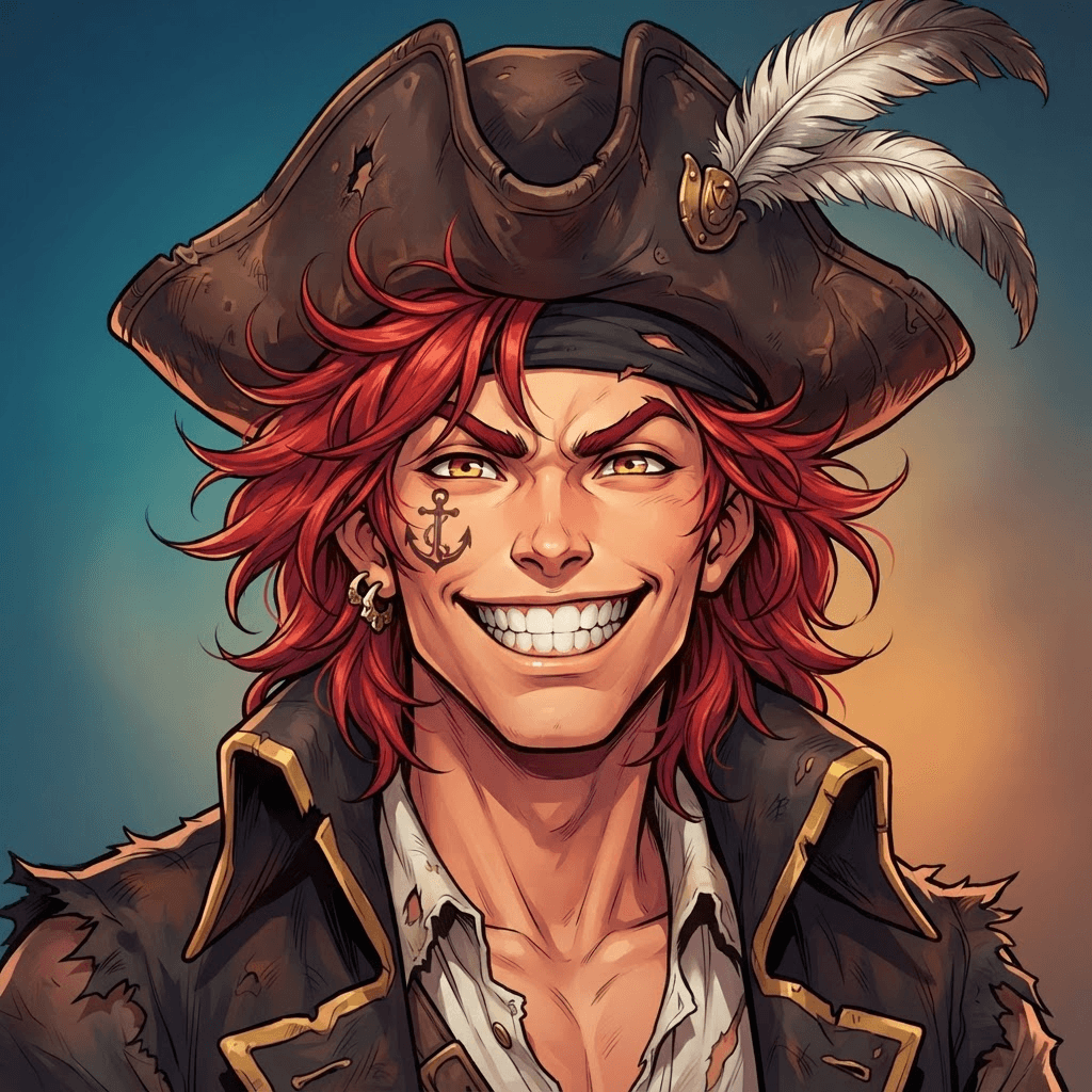 original pirate captain anime character, close-up headshot avatar portrait, huge confident toothy grin, tousled crimson hair, tricorn hat with seagull feather, exaggerated expressive shonen anime style