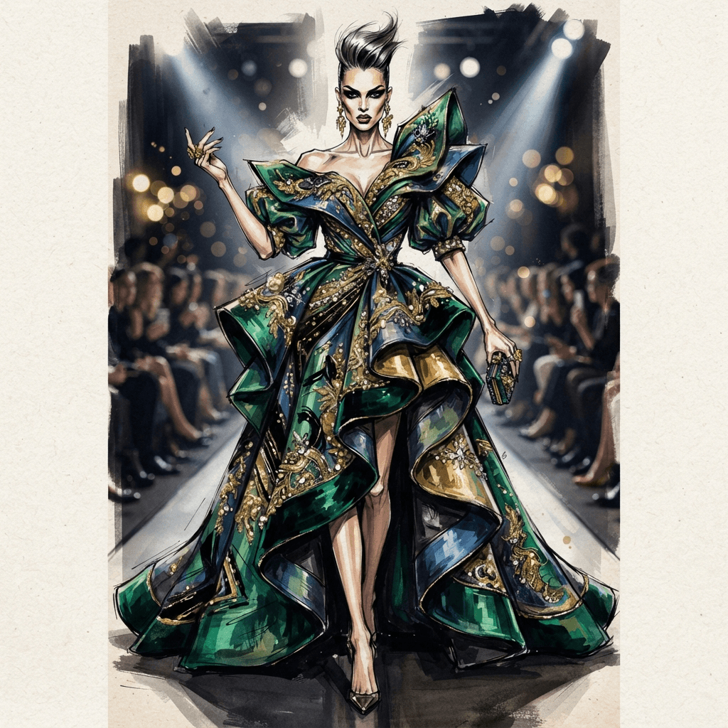 high fashion icon look, runway couture, dramatic proportions, editorial styling, full length gown look, fashion illustration, full body