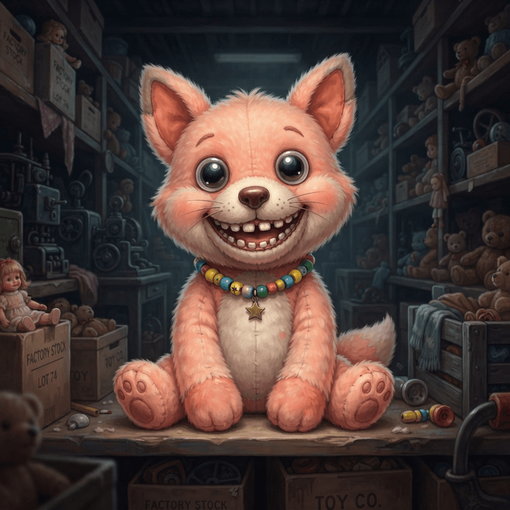 plush toy fox mascot character with a big fixed toothy smile and wide glossy eyes, pastel peach fur, a colorful bead necklace with a small charm, soft cartoon style, slightly eerie, dim toy factory shelves behind