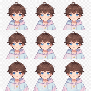 A nine-panel expression sheet on a transparent background