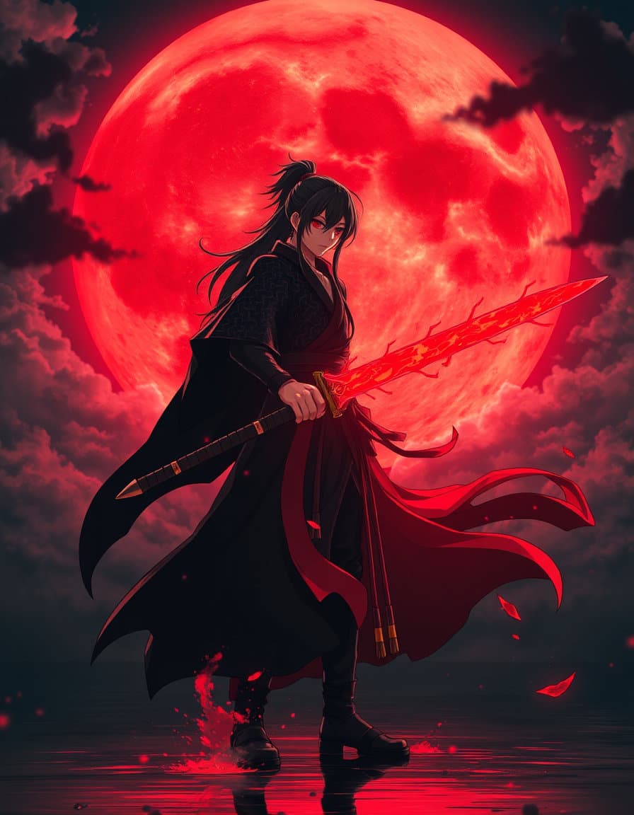 Tanjiro Kamado standing alone beneath a gigantic crimson moon, black and red Demon Slayer uniform flowing in the wind, glowing fiery Nichirin sword in hand, intense red aura and flame breathing effects surrounding him, cinematic silhouette, dark storm clouds, blood-red sky reflecting on water, dramatic anime lighting, ultra detailed face and hair, glowing eyes, epic fantasy atmosphere, smoke and embers floating around, powerful stance, high contrast shadows, 4K ultra HD anime wallpaper, masterpiece composition, dark aesthetic, volumetric fog, dynamic reflections, Demon Slayer inspired art style”