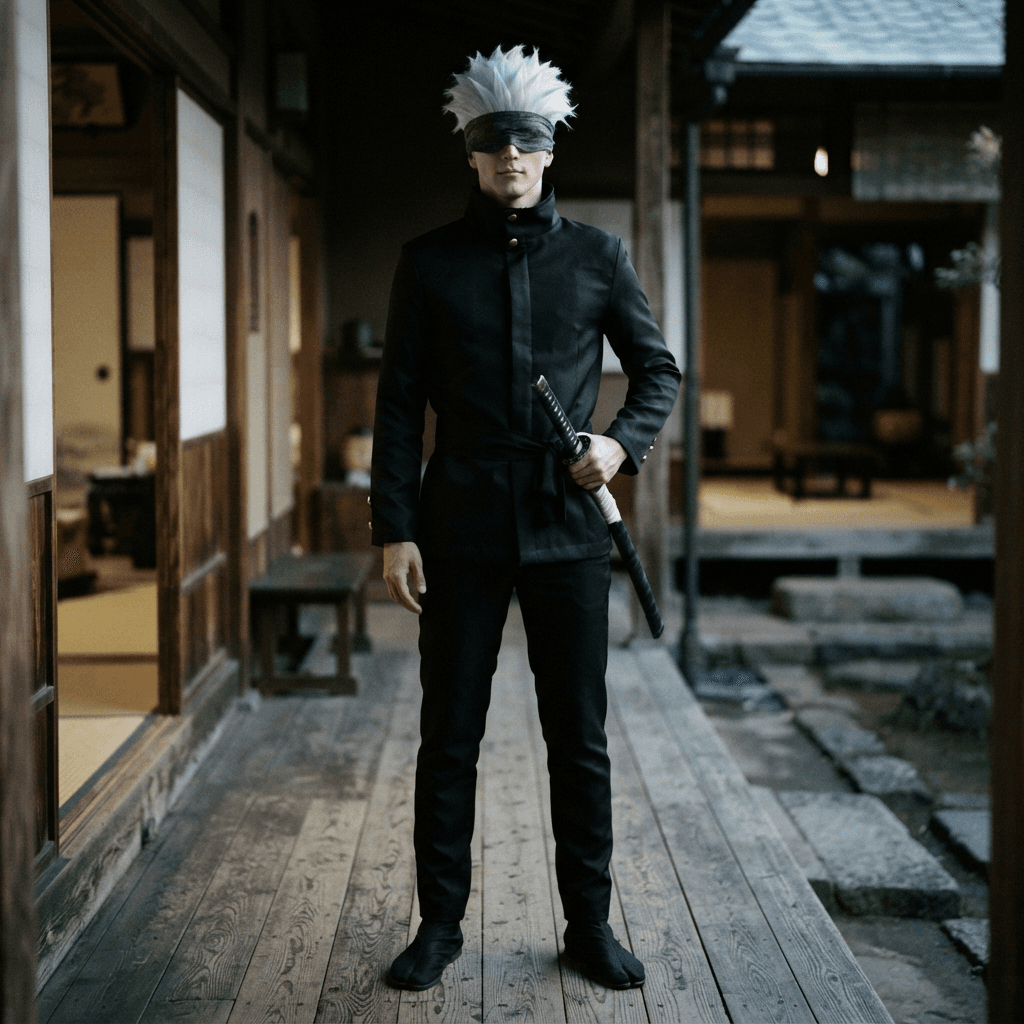 a tall white haired man in a black high collar uniform jacket with a dark blindfold over his eyes, cosplay reference, full body, standing portrait