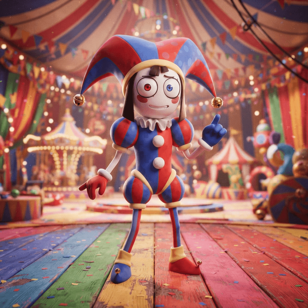 Pomni from The Amazing Digital Circus, jester harlequin outfit with red and blue diamond pattern, tall jester hat with bells, full-body character art in a polished 3D animation render, bright colorful circus setting, no text, no logo, no watermark