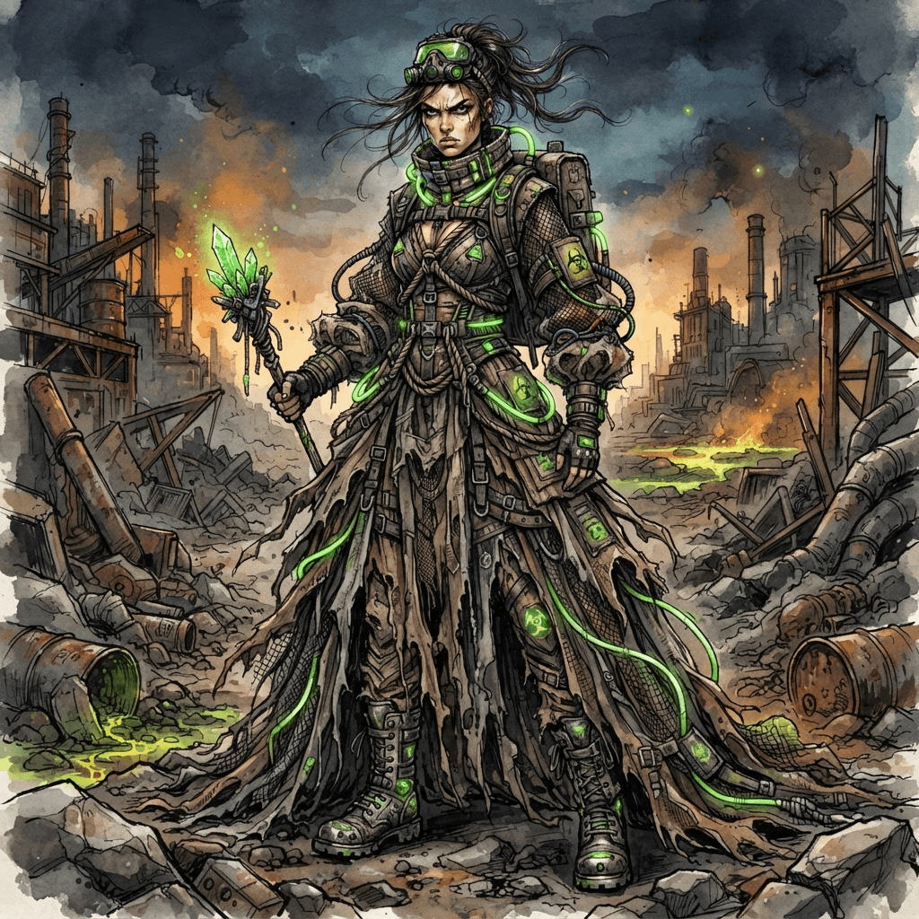 toxic wasteland fashion, hazmat inspired layers, radioactive green accents, torn industrial fabric, full length gown look, fashion illustration, full body