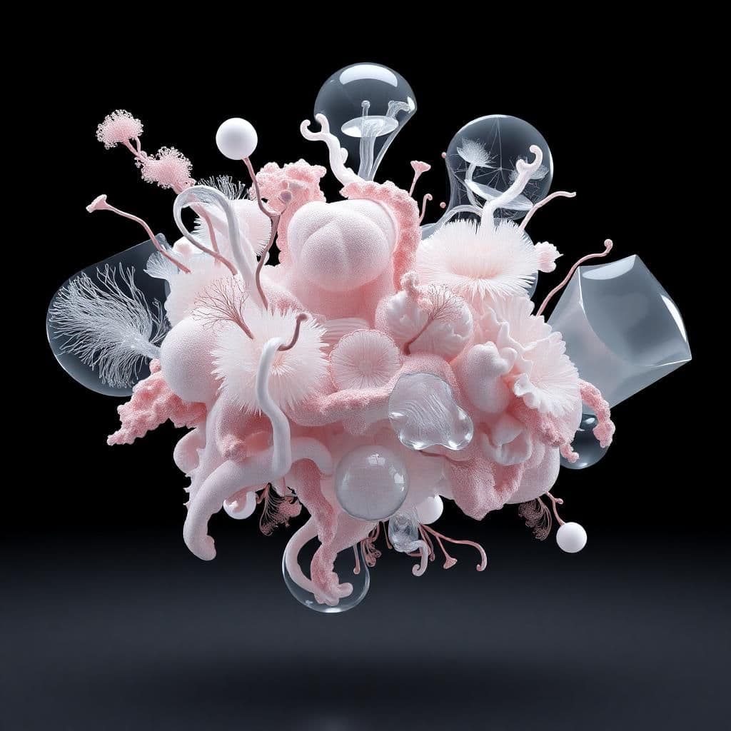 A high-quality 3D render of an abstract composition containing biomorphic forms and geometric transparent shapes. The shapes vaguely resemble underwater creatures, fungus, and plants. The composition is hovering in the middle without gravity.