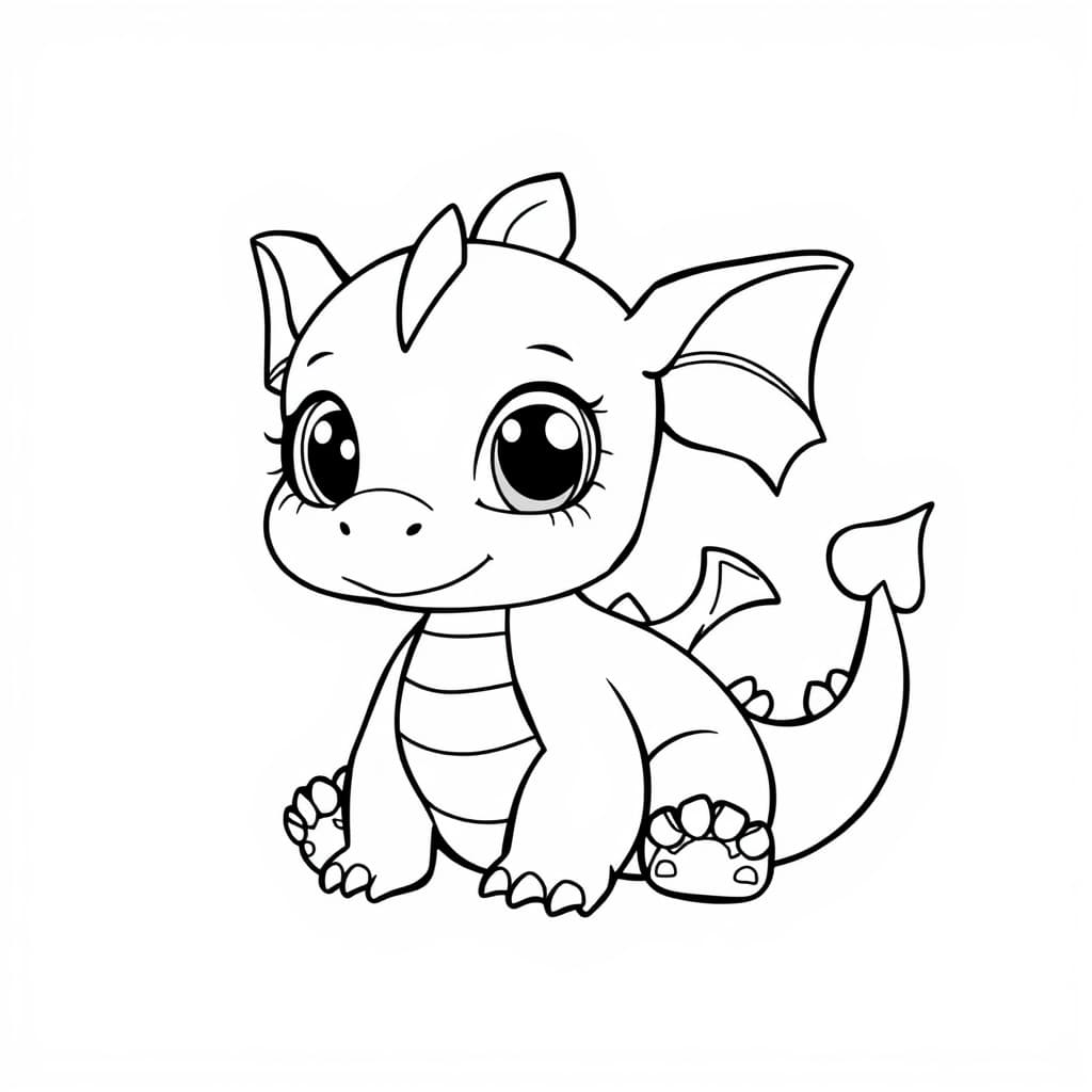 Adorable baby dragon sitting with big eyes and floppy ears, black and white line art, clean and simple outlines, no shading, for children's coloring book, white background, kawaii style