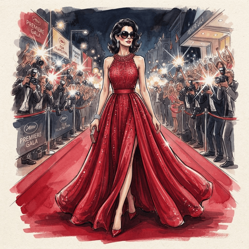 movie star fashion, red carpet gown, oversized sunglasses, paparazzi glamour, full length gown look, fashion illustration, full body