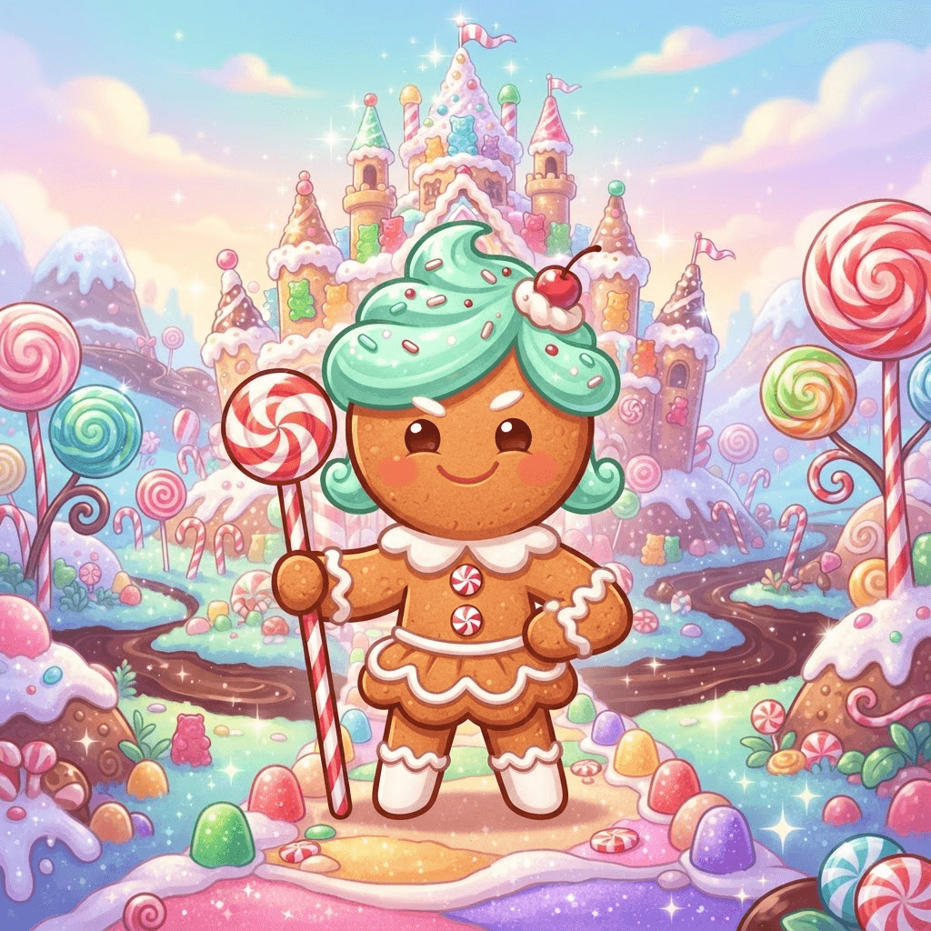 cute chibi gingerbread cookie person character with a rounded biscuit body, mint green swirl icing hair, white icing outfit trim, holding a striped peppermint stick staff, standing in a candy kingdom with a sugar castle and lollipop trees, bright game art style, full body
