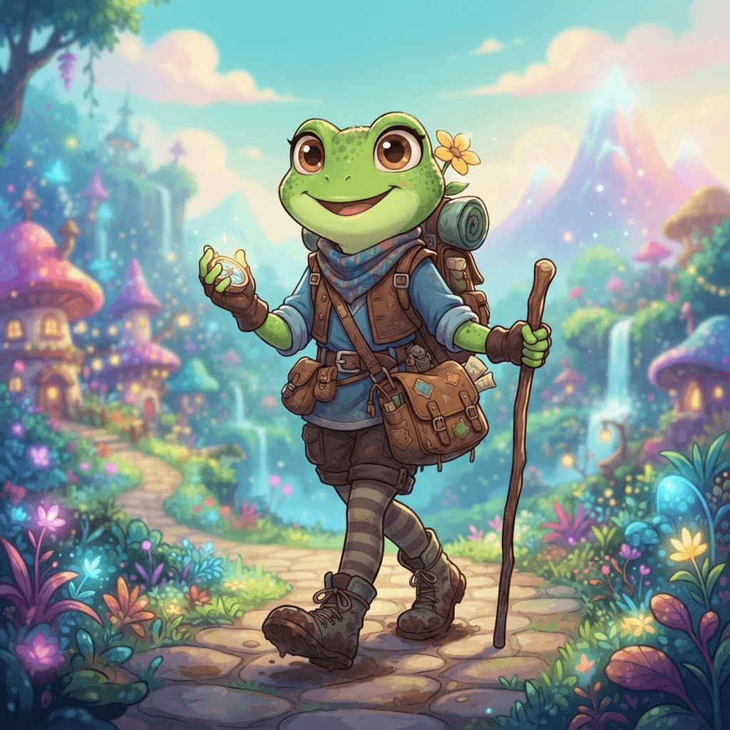 original anthro frog girl character in a colorful cartoon fantasy world, adventurer outfit, disney-style TV animation