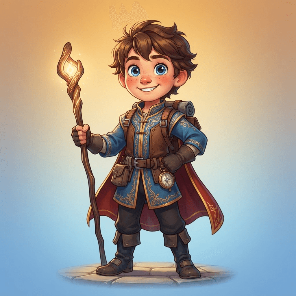 A charming Disney-style animated character, a young hero with big expressive eyes