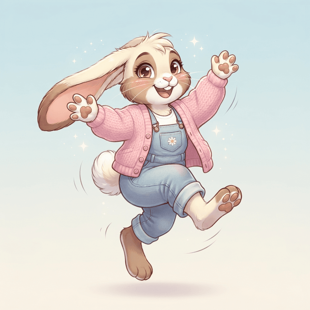 anthro bunny fursona character, full body, happy hop pose, long floppy ears, cream and brown fur, round fluffy tail, wearing a pastel pink cardigan and overalls, expressive big eyes, clean soft gradient studio background, vibrant, crisp high detail, digital illustration