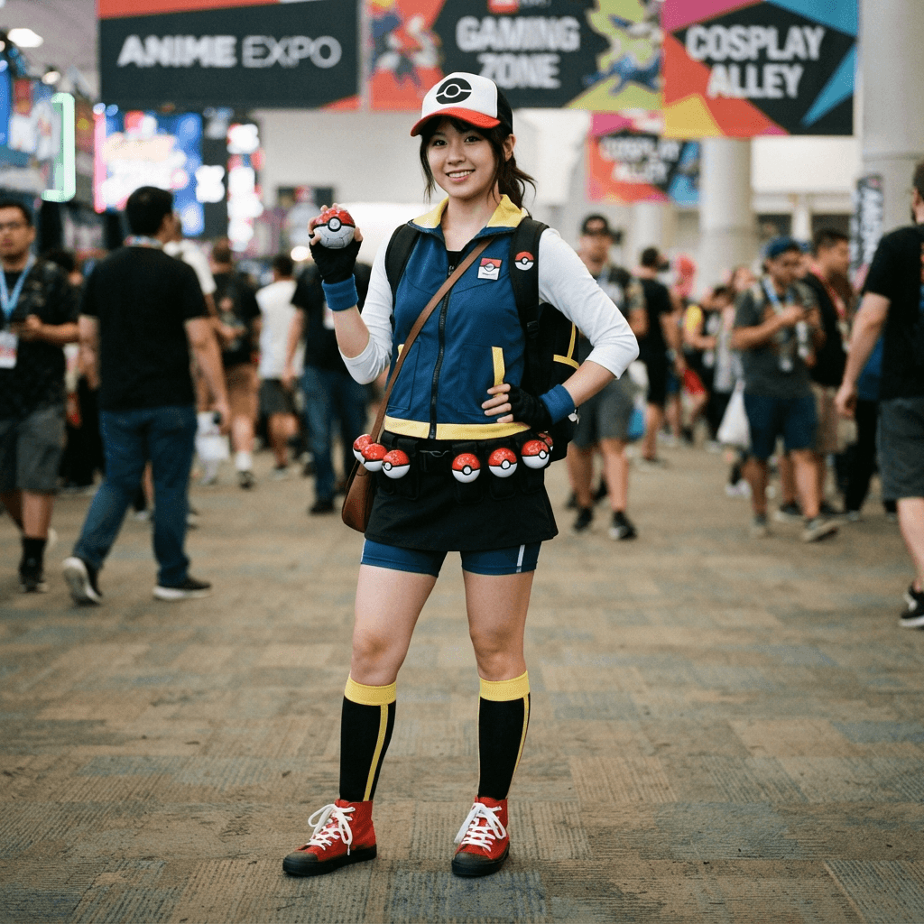 a monster trainer costume with a red and white cap, a blue vest and capture ball accessories, cosplay reference, full body, standing portrait