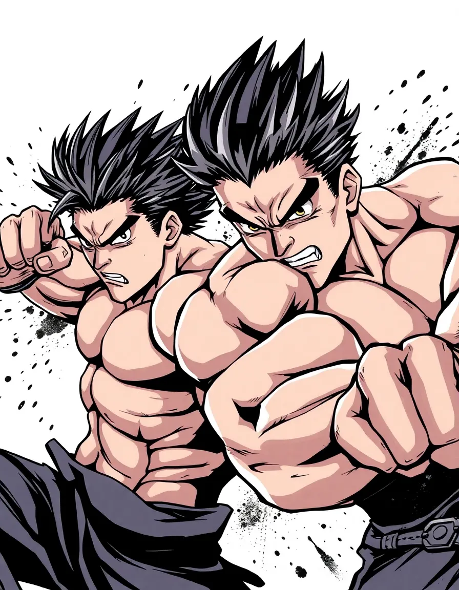 Dynamic anime/manga style illustration, inspired by modern shonen and action webtoons. Two muscular male fighters, intense facial expressions, spiky stylized hair, thick lineart, sharp shadows, strong anatomy, bold highlights, minimal background with ink splashes and motion effects. High contrast cel shading, vibrant colors, dramatic energy, gritty texture, expressive eyes, exaggerated poses, clean manga outlines, action-focused composition.