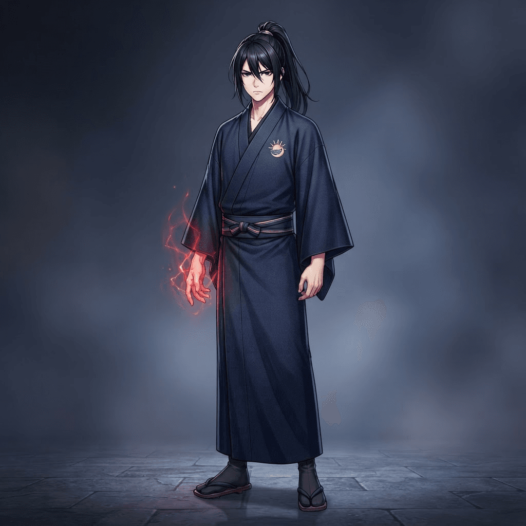 Anime illustration, full body, original young clan heir in a dark traditional kimono with a small circular clan crest on the chest, long black hair tied back, cold calm face, faint red cursed energy around one hand, clean soft gradient studio background, vibrant, crisp lines