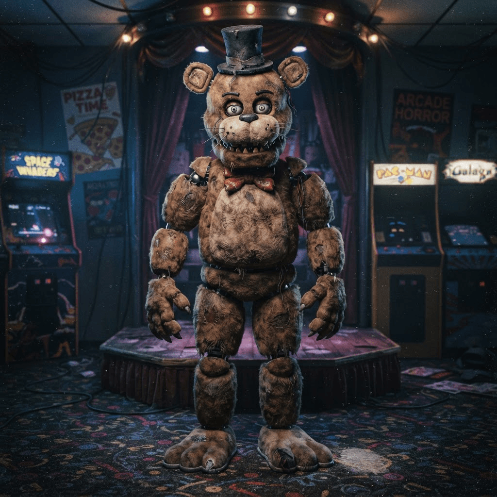 an animatronic bear character costume in worn brown fur with a top hat and bow tie, arcade horror styling, cosplay reference, full body, standing portrait