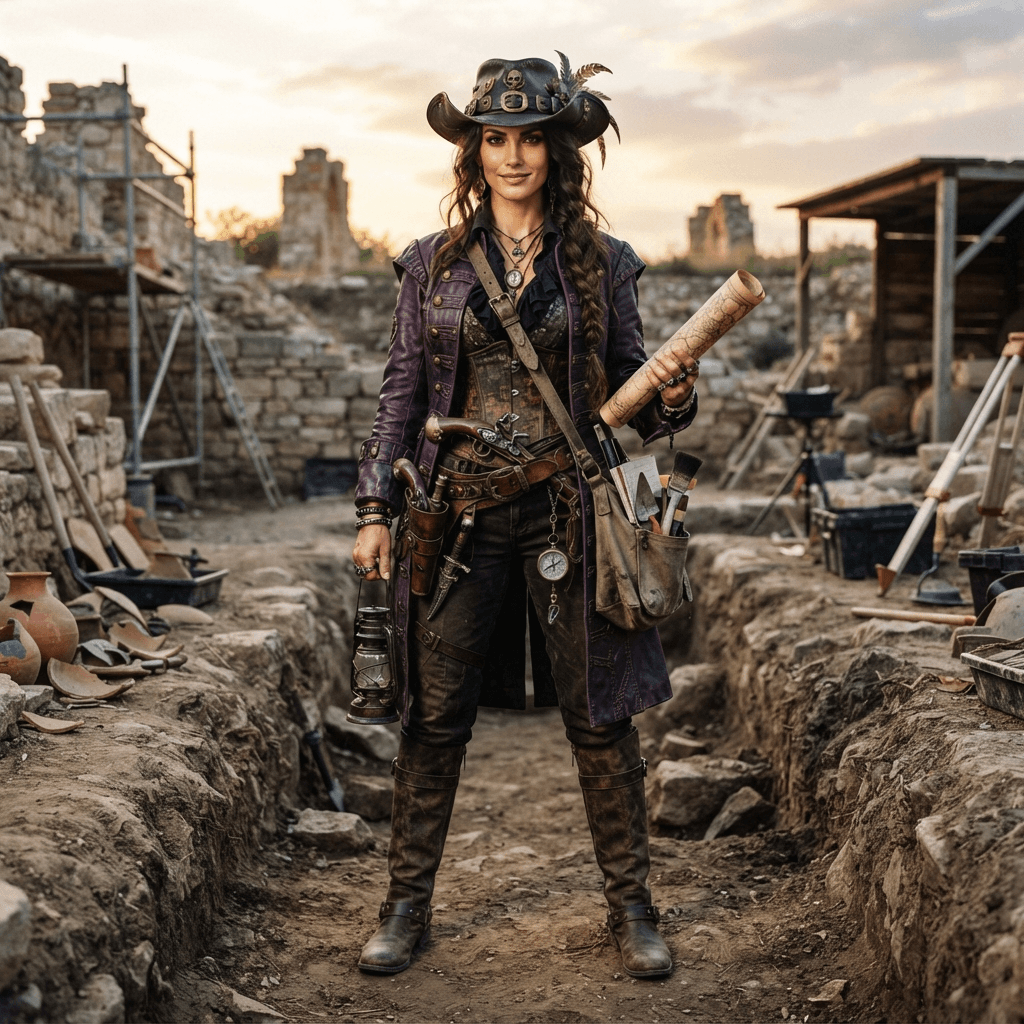 a tall dark haired woman in a purple leather coat and wide brim cowboy hat, pirate archaeologist styling, cosplay reference, full body, standing portrait