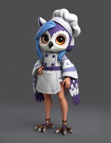 A 3D owl VTuber in a chef's coat and hat