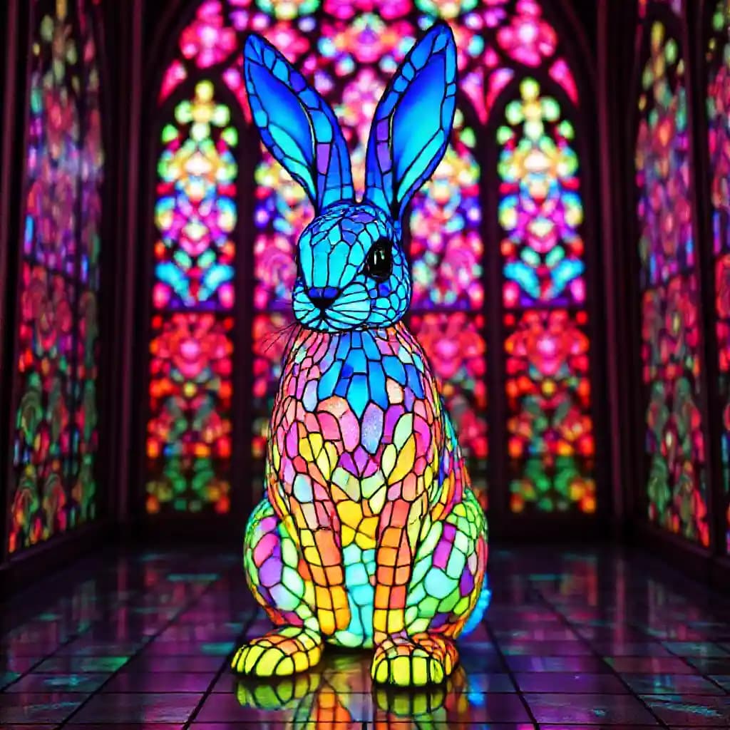 (((Clear crisp hi-res unblurred high-quality vintage lomography film photo, vintage super-8 panavision80 archival old tiltshift bokeh vaporwave Gothic (((CRT TV screen test patternscovering ))) cathedral Japanese rave display with tv screen test patterns covering the walls))). A stunning stained glass artwork depicts a vibrantly psychedelic swirl-style blue bunny blue rabbit furry man made of CRT tv screens, elegantly poised in a room aglow with dazzling hues. The intricate stained glass panels form his bioluminescent-patterned fur, each piece shimmering with electrifying colors that ripple with an ethereal glow. Delicately crafted, the swirling patterns morph into a breathtaking dance of luminescent colors as they spread across the walls of the room, which is crafted from smaller glass tiles that echo the creature's kaleidoscopic essence. This exquisite stained glass masterpiece is a symphony of vibrant creativity and dreamlike allure, where stained glass artistry and psychedelic energy unite in an unimaginably beautiful display.
