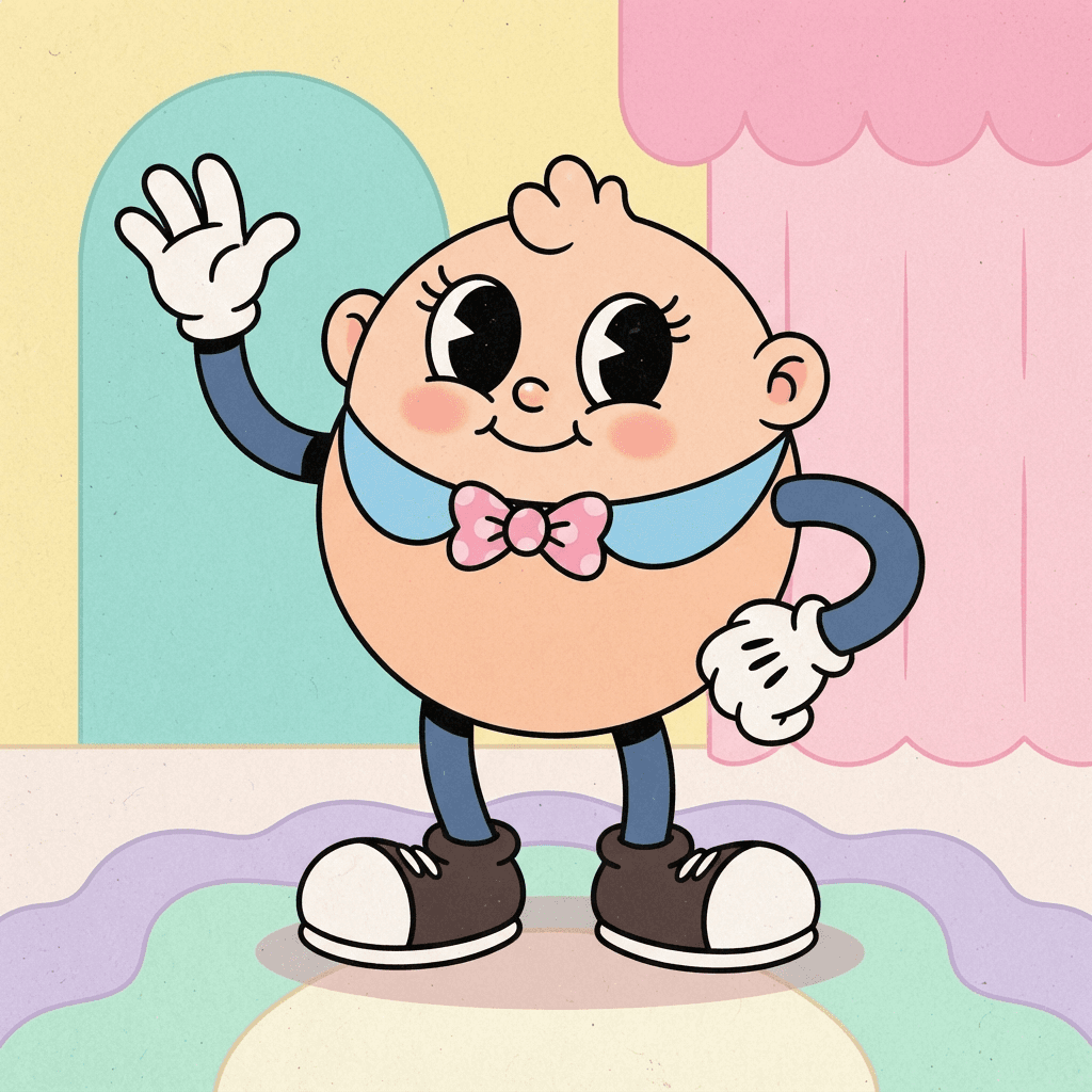 a cute round toon character base with oversized eyes and simple pastel shapes, rubber hose styling