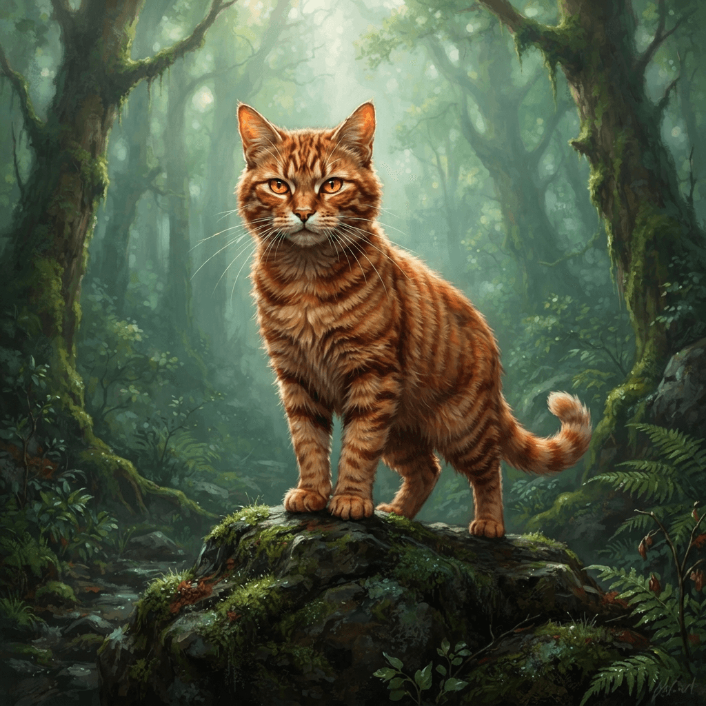 a fierce ginger tabby warrior cat with blazing amber eyes standing proud on a mossy rock, semi-realistic painterly style, detailed fur and whiskers, misty green forest light behind, vibrant, crisp high detail, digital illustration