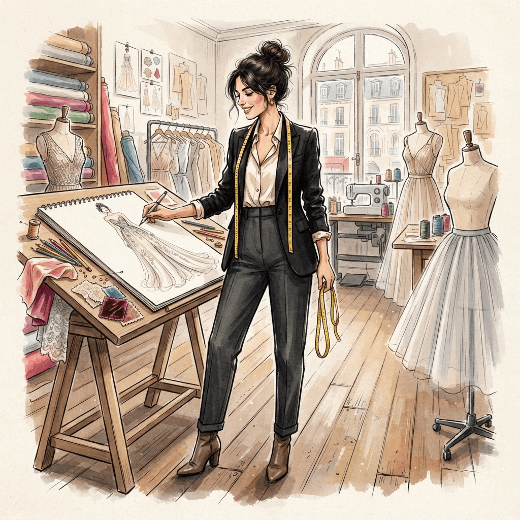 fashion designer look, atelier styling with measuring tape and sketches, chic workwear, full length gown look, fashion illustration, full body