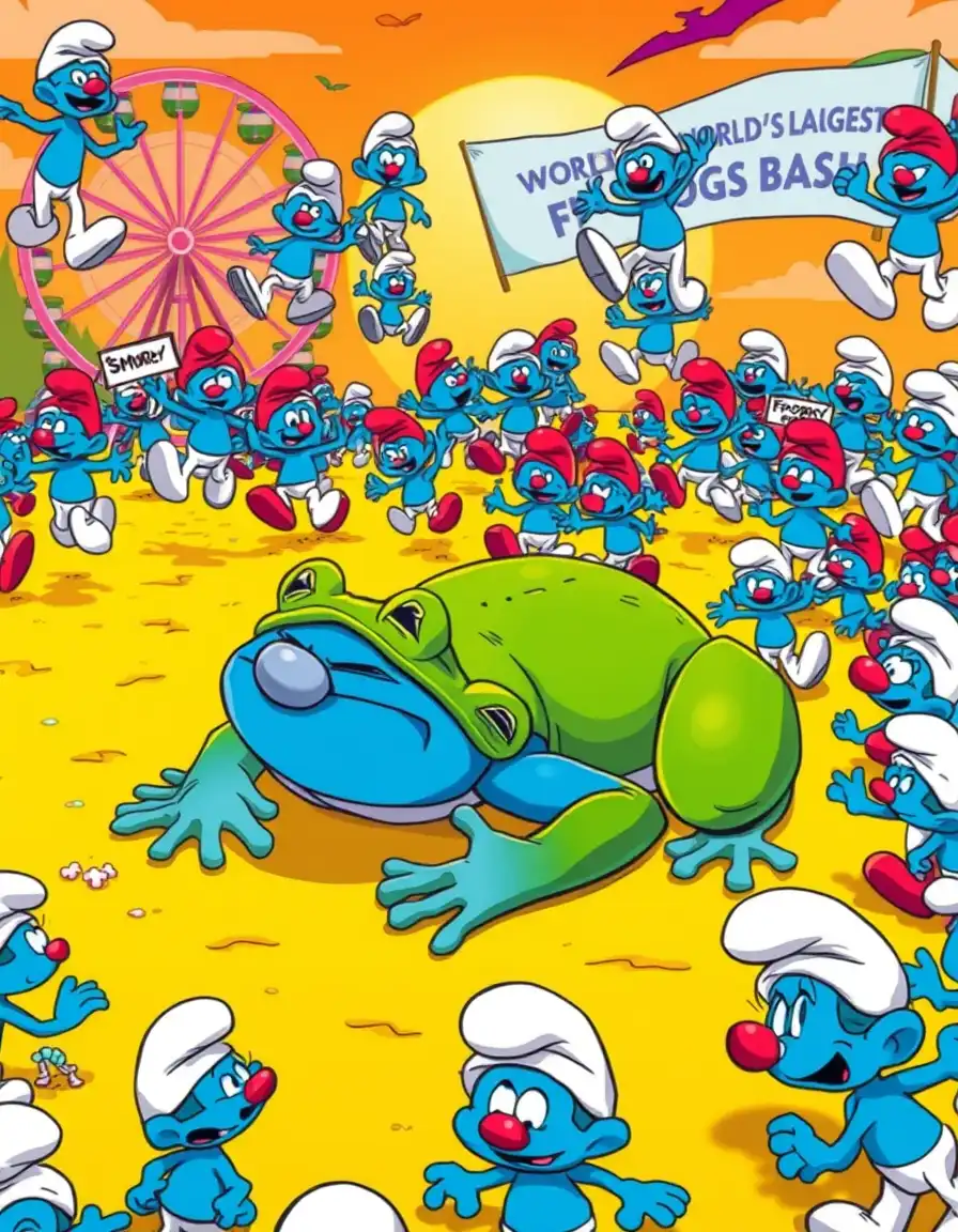 "a colorful, surreal scene:
a gigantic, green, cartoon frog lies defeated on a vibrant, yellow beach.
a swarm of at least 50 blue smurfs wearing clown costumes, each with bright red noses and white face paint, jump up and down all over him, like a chaotic, blue tidal wave.
their tiny clown hats are askew, and oversized, red clown shoes create a blur as they jump.
the smurf-clowns in the back are holding signs that say 'smurf party!' and 'frog bash!'
in the background, a bright orange sun sets behind a pink and green striped ferris wheel, and a banner reading 'smurfy world's largest frogs bash!' flaps in the air. the smell of cotton candy and popcorn fills the air.
the green frog, 'frogbert', moans in pain as the smurf-clowns stomp his ears and tail, laughing hysterically.
the art style is a mix of classic comics and modern, animated cgi, with a dash of fantasy and humor.
the entire scene is bathed in a warm, golden light, with bold colors and exaggerated expressions."
