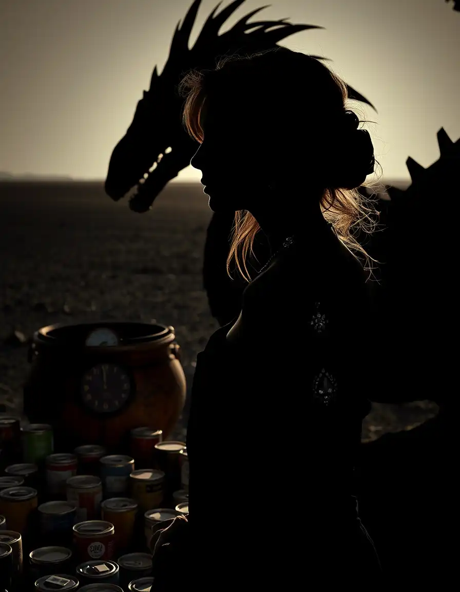 a legendary woman stands at the edge of a desolate, post-apocalyptic landscape, set against a strong backlight that casts her as a dark, near-black silhouette, her delicate, half-skull portrait defined by a narrow rim-light that emphasizes the graphic lines of her profile and clean negative space surrounding her; colorful paint cans of every size and shape, their labels worn and dusty, teem beside a wooden cauldron adorned with a broken antique clockwork mechanism, its worn details now a surreal, low-contrast silhouette against the harsh light; the ancient dragon's worn scales catch the silhouette behind her, blending into a dark, misty silhouette; her gaze drifts off toward the horizon as if recalling a long-forgotten memory; a diamond-encrusted necklace, dulled by grime, lies mysterious amidst the dragon scales; the camera is laterally positioned to emphasize the subject's profile, capturing the vast, smoldering wasteland in deep shadow, devoid of life but replete with an eerie, otherworldly beauty that feels palpable; the strong backlight creates a dramatic, graphic contrast between the subject's silhouette and the darkened landscape, as the rim-light edges define the boundaries of her form.
