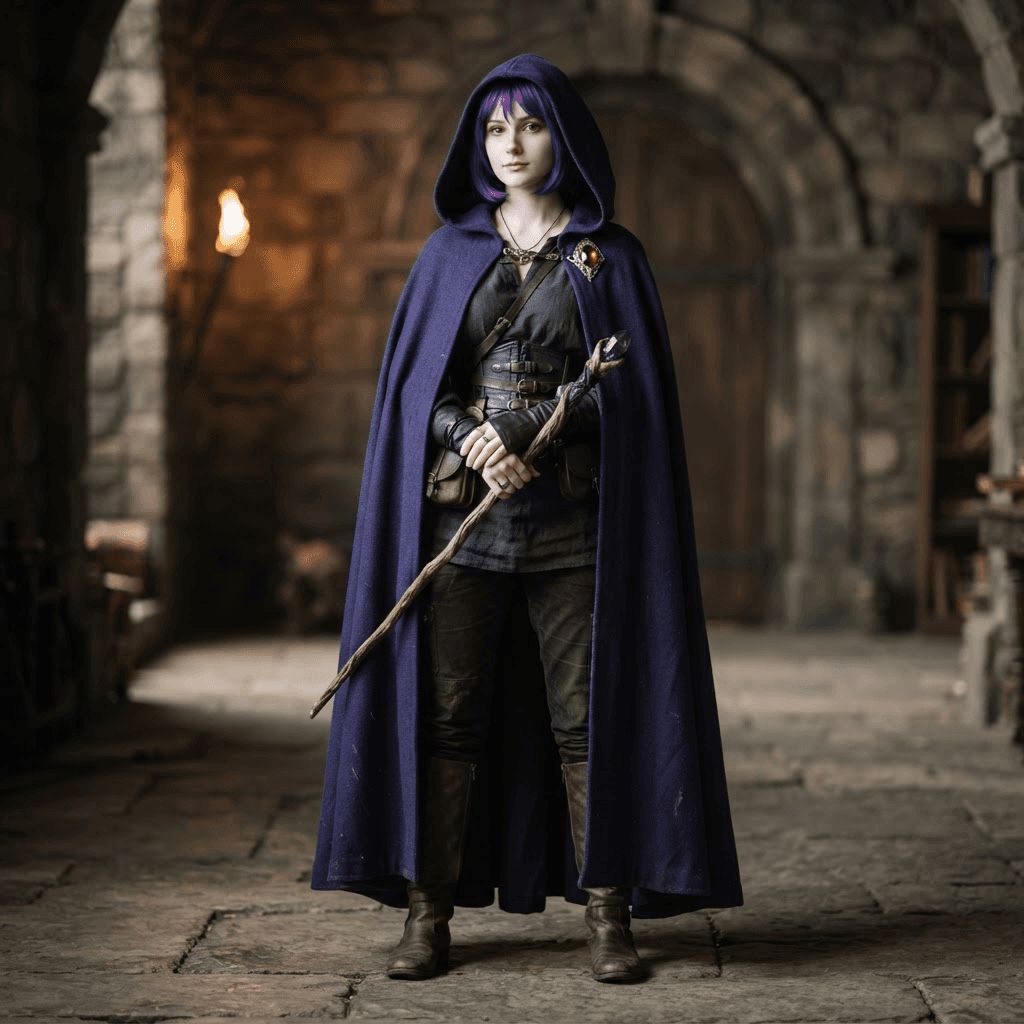a pale hooded figure in a deep indigo cloak with a red gemstone brooch and short purple hair, cosplay reference, full body, standing portrait