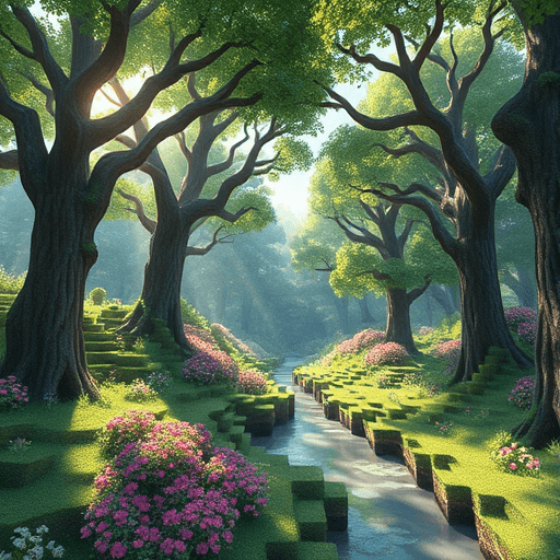 Explore your Minecraft biome, a lush forest filled with towering oak trees and vibrant flowers. Sunlight filters through the leaves, casting dappled shadows on the moss-covered ground. A serene river meanders through the landscape, reflecting the azure sky above. Feel a sense of wonder and tranquility in this picturesque setting, with a charming art style reminiscent of a watercolor painting.