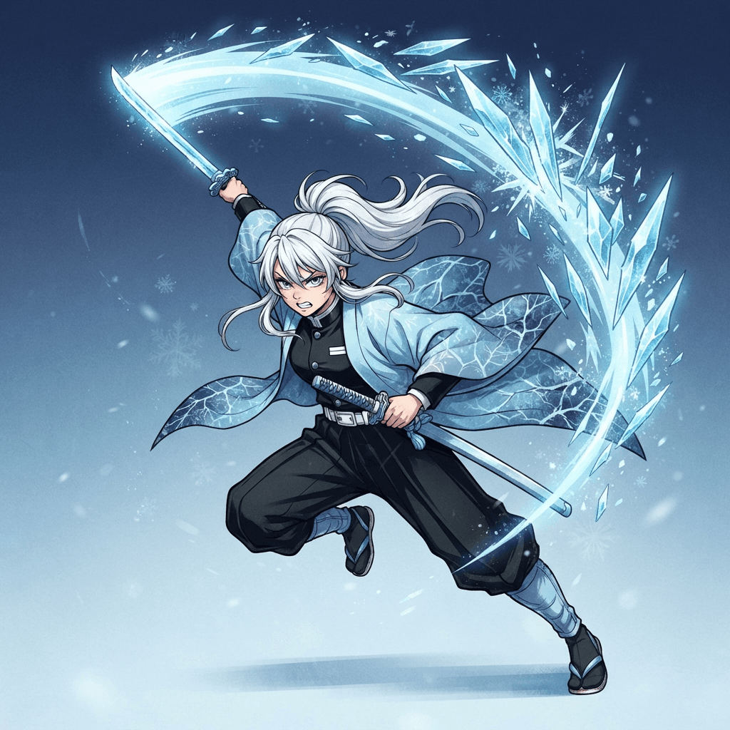 Anime illustration, original slayer mid-form, full body, black uniform, pale blue haori with a frost crack pattern, katana with an ice-blue blade sweeping upward, white hair tied back, sharp shards of pale blue ice bursting around the sword like a woodblock print, clean soft gradient studio background, vibrant, crisp