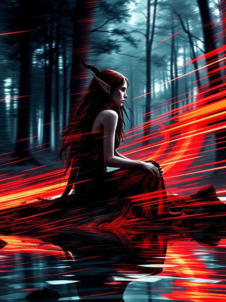 In this image, transform the pixel graphics scene into one inspired by futurist dynamic motion art. Imagine an elven woman seated alone by a forest pond. The scene embodies speed and energy, with bold, dynamic lines and forms creating a lively feeling of motion. Her figure and the surroundings are fragmented and overlapping, suggesting movement and progress. The color palette is vibrant, filled with metallics and bright primary colors, focusing on shades of red and black for dramatic contrast. The fragmented composition hints at the energy of machinery and technology, while the pond reflects vivid streaks of color, conveying the acceleration and advancement associated with the modern world.