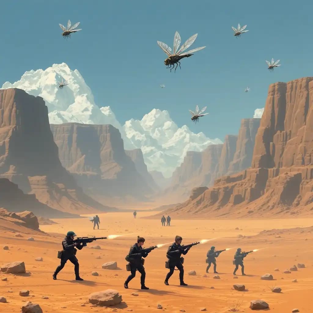 image barren canyon surrounded by flat-topped mountains, giant flies on the ground and in flight, on the ground armed soldiers defended themselves by firing salvos from their laser rifles., (Attack on Titan art style:1.3)