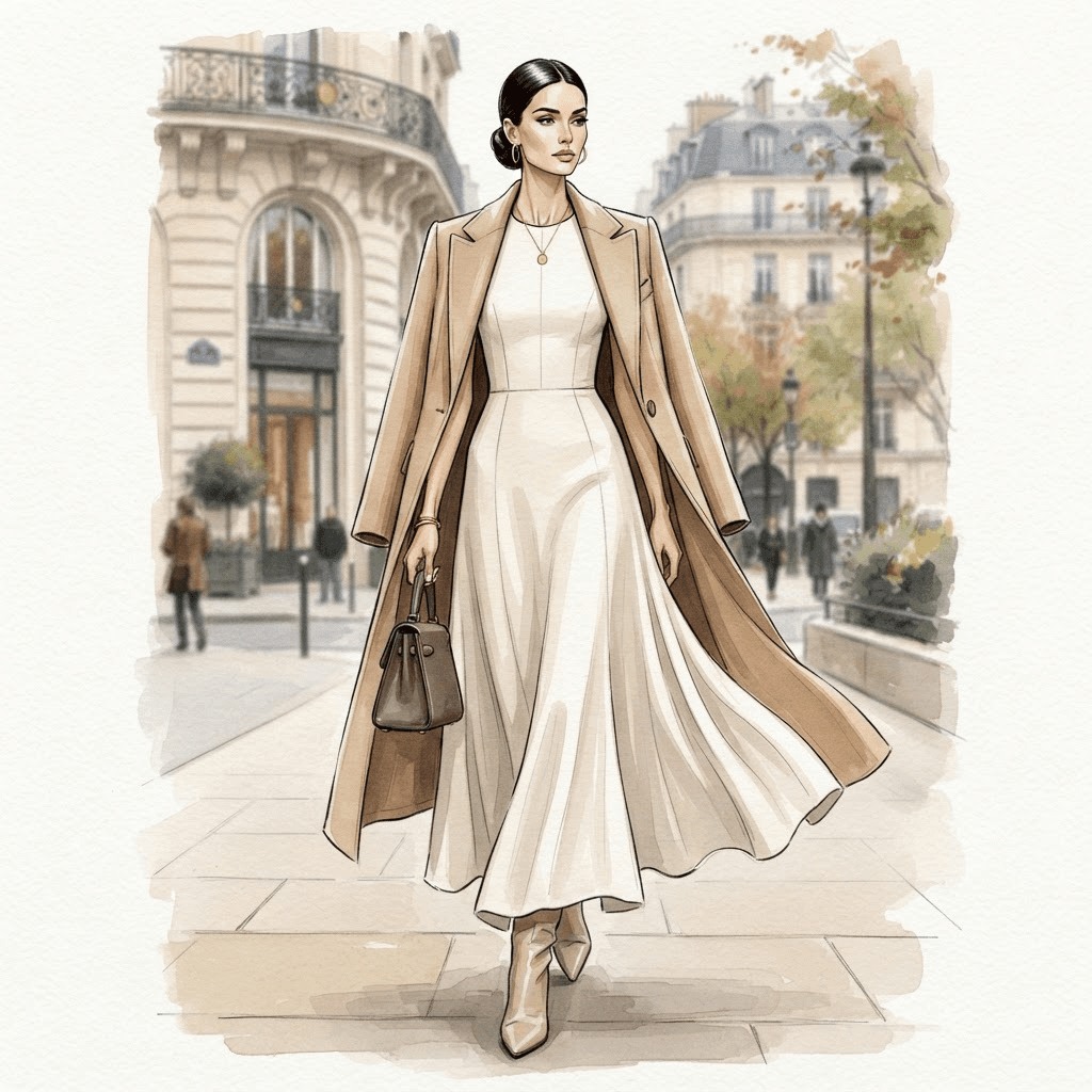polished minimalist chic fashion, tailored neutral separates, clean lines, understated luxury, full length gown look, fashion illustration, full body