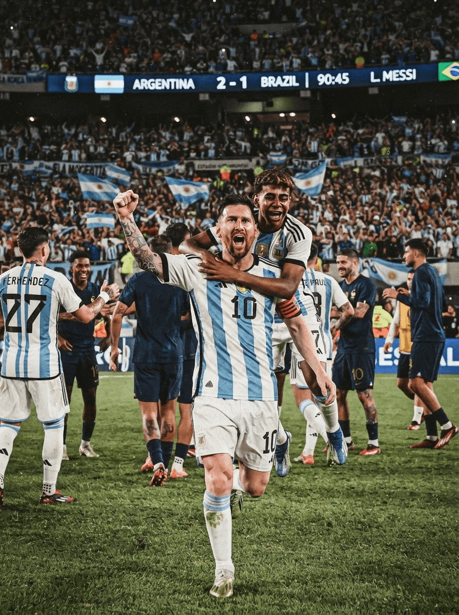 featuring a Messi-like GOAT superstar in a sky-blue and white kit, scoring a 90th-minute winning goal and going wild, Crying and angry with lamine yamal, football/soccer themed if not already