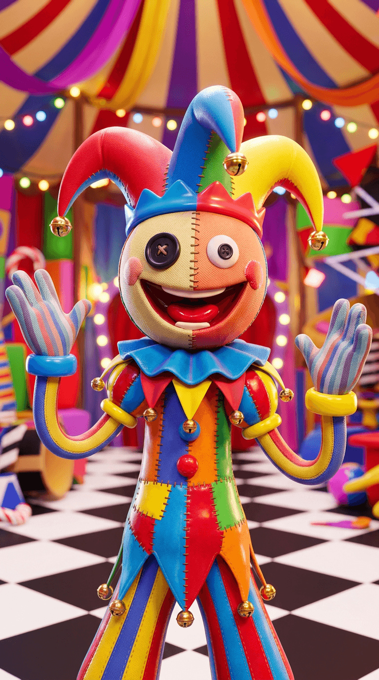 Original character in the art style of The Amazing Digital Circus: a glossy 3D toy-like performer, a jester made of patchwork fabric with button eyes and a huge grin, saturated candy colours, plastic CGI look, surreal circus tent with checkered floor behind. Portrait framing from the waist up, face in the upper third of the frame, one character only. No text, no logo, no watermark.