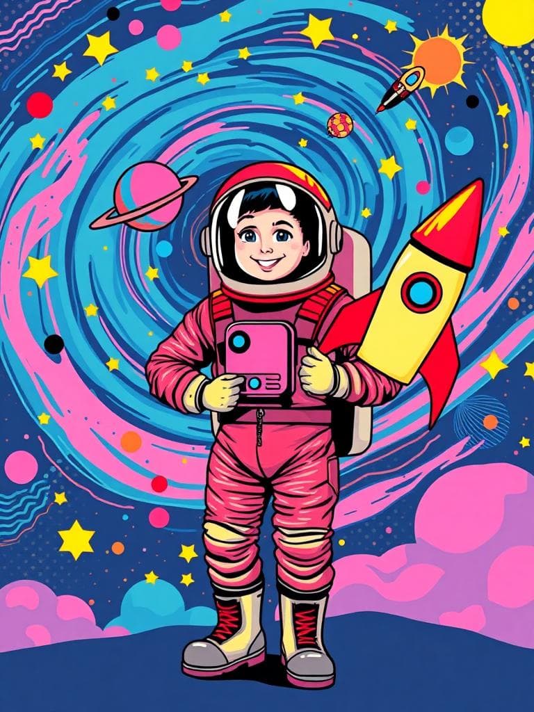 Here's a modified version of the prompt, applying the Pop Art aesthetic:
"Create a fun Pop Art picture of a retro astronaut. The astronaut wears a shiny suit and a red helmet. They stand in front of a big, swirly galaxy with bright stars, planets, and spaceships. Add colorful dots, stripes, and patterns to the background. The astronaut holds a big, old-fashioned toy rocket and smiles. Use bold lines and bright colors like pink, blue, and yellow. Make the picture lively and exciting, like a comic book come to life. Add lines around the astronaut to show movement and energy."
I simplified the language, kept the image PG-13, and focused on the core elements of the Pop Art style, including bold colors, graphic patterns, and a playful, energetic mood. I also removed some of the more detailed descriptions to make the prompt more concise and accessible. Let me know if you'd like me to make any further modifications!