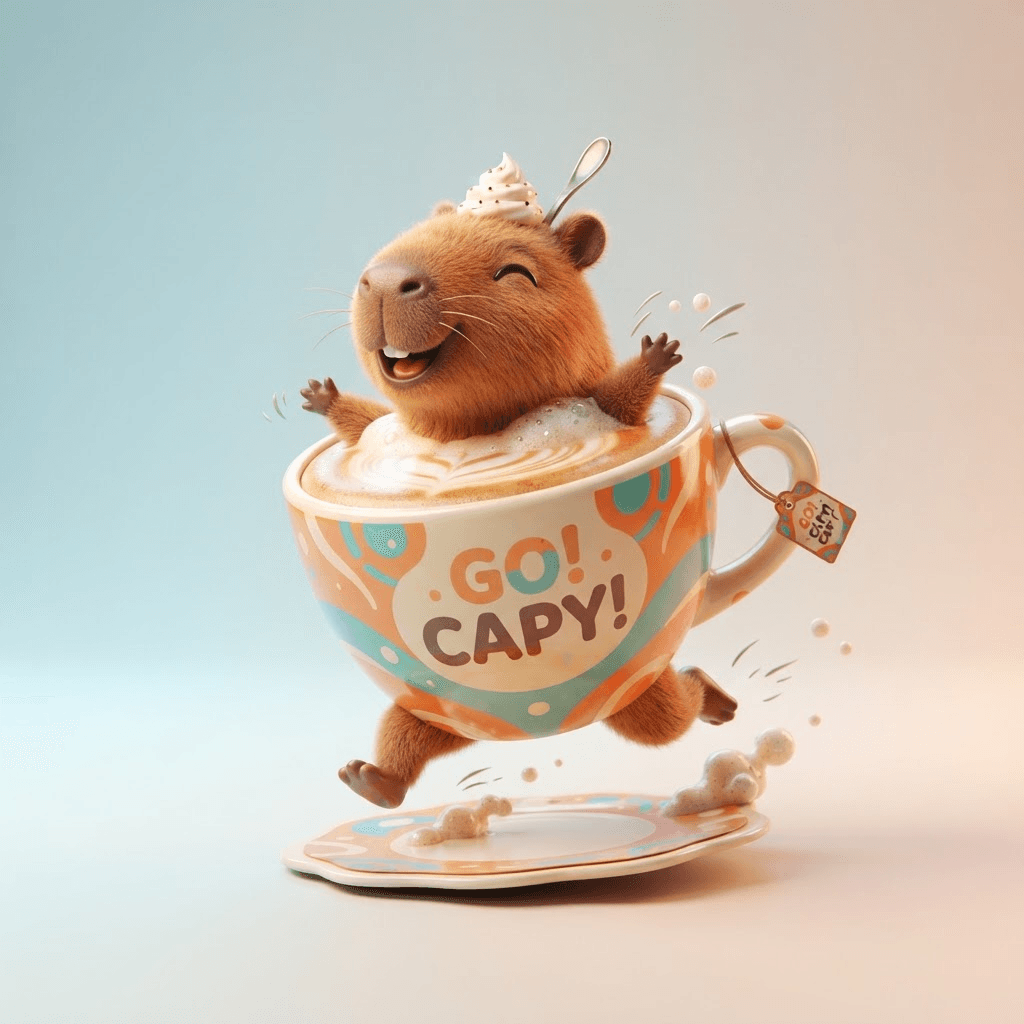 Absurd surreal meme creature: a cappuccino cup with a smiling capybara head and tiny running legs, glossy 3D cartoon render, silly and chaotic, vibrant saturated colors, clean soft gradient studio background, crisp high detail