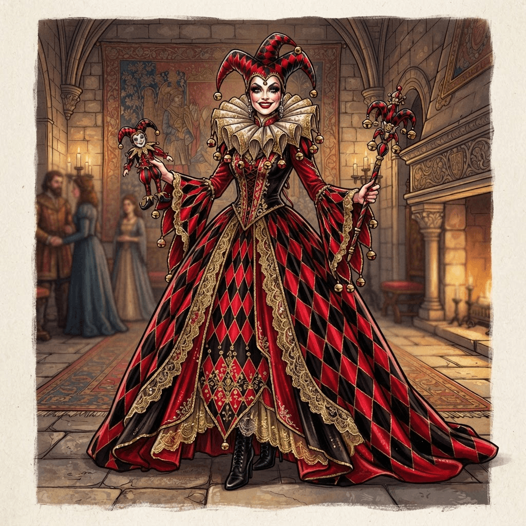 jester fashion, harlequin diamond pattern, belled collar, court fool styling, red and black, full length gown look, fashion illustration, full body