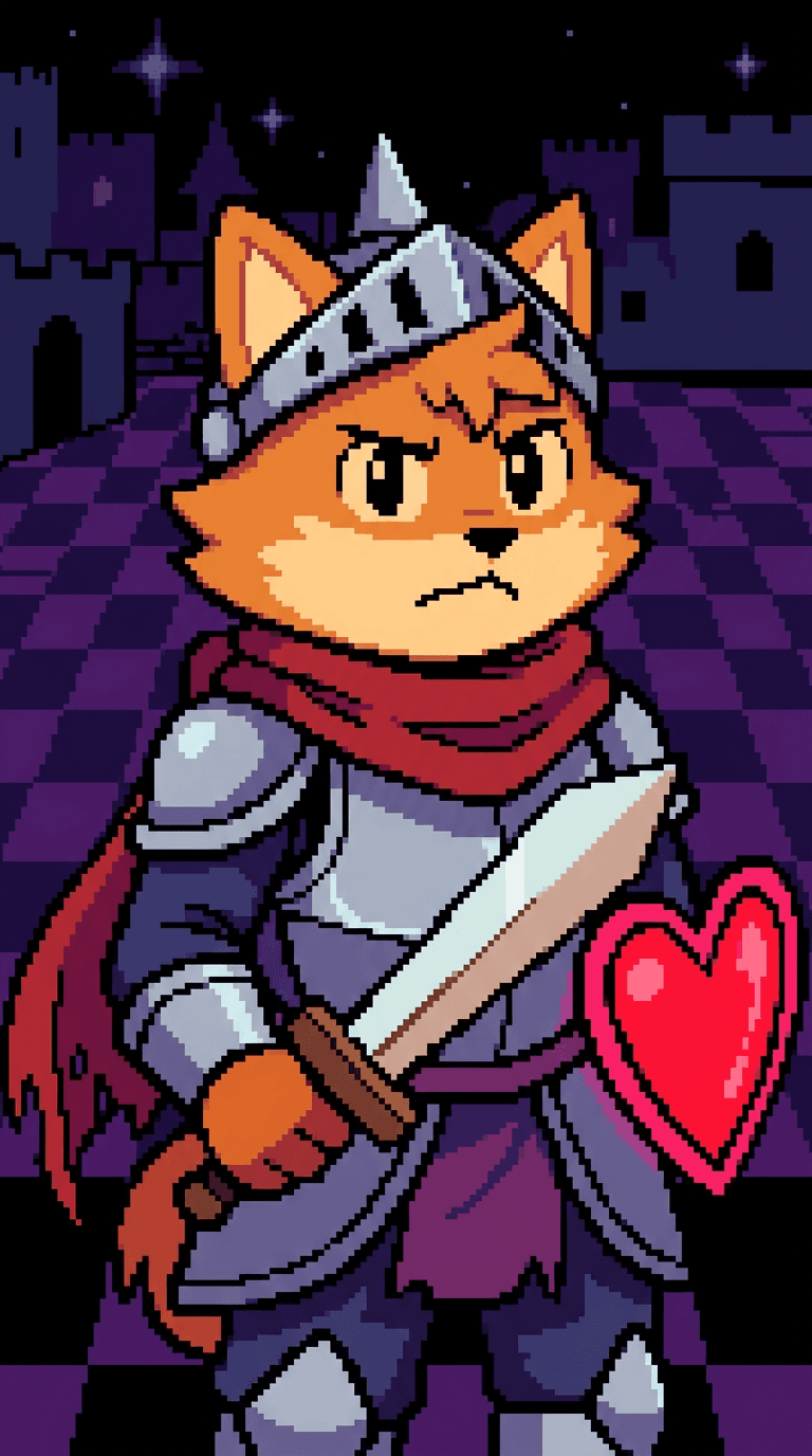Original character in the Deltarune art style: a Dark World hero, a fox knight with a red scarf, a glowing heart-shaped shield and a pixel sword, bold flat colours, chunky pixel-art-inspired shading, dark purple checkered castle town background. Portrait framing from the waist up, face in the upper third of the frame, one character only. No text, no logo, no watermark.