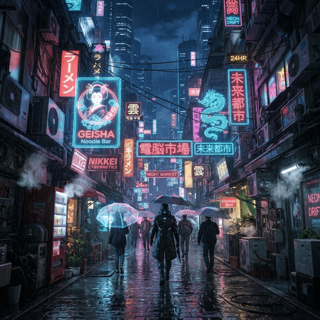 neon-drenched futuristic city alley at night, rain-slick pavement, glowing holographic signs, anime urban punk wallpaper art, cinematic, crisp high detail