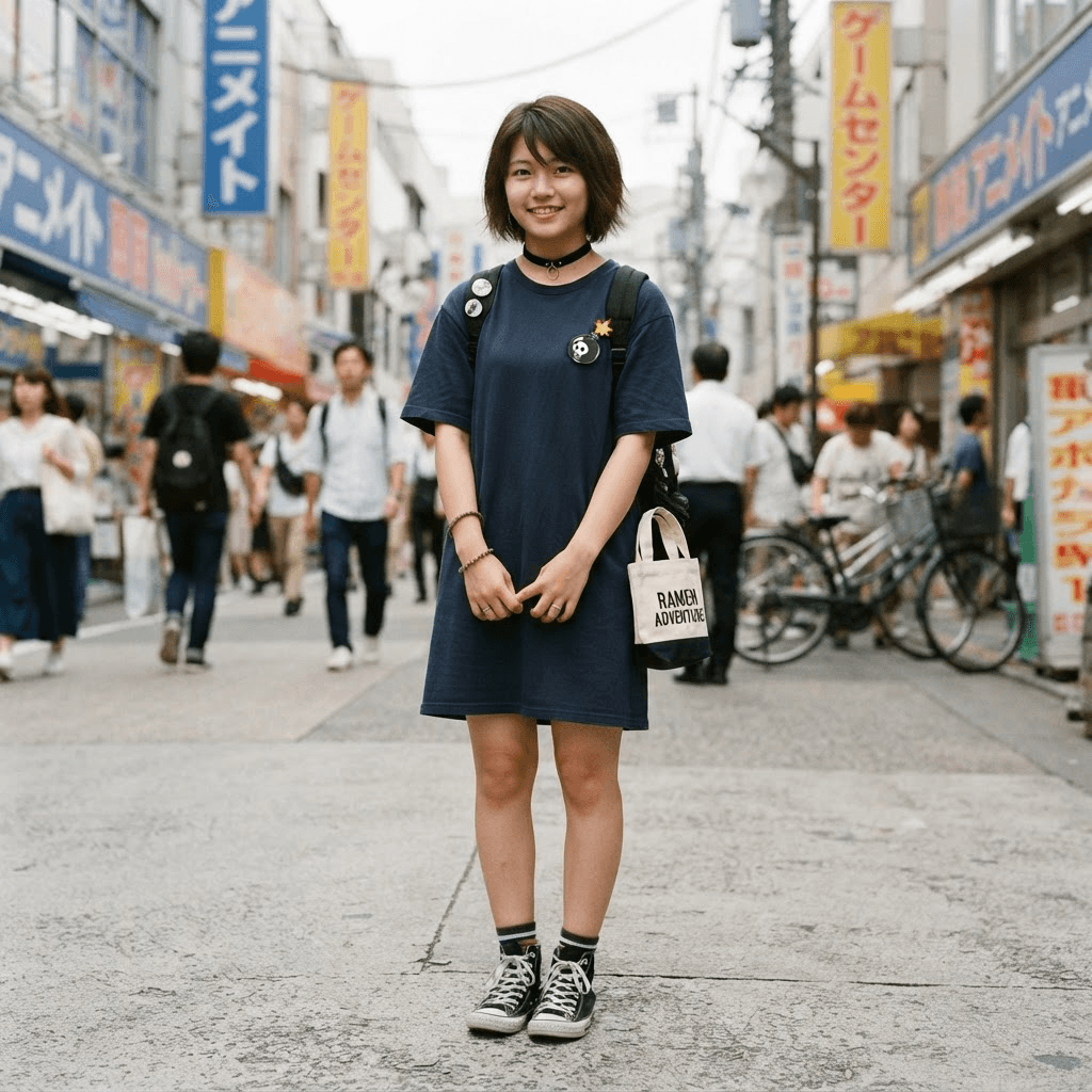 a short dark haired girl with a choker and a bomb pin motif in a simple casual dress, cosplay reference, full body, standing portrait