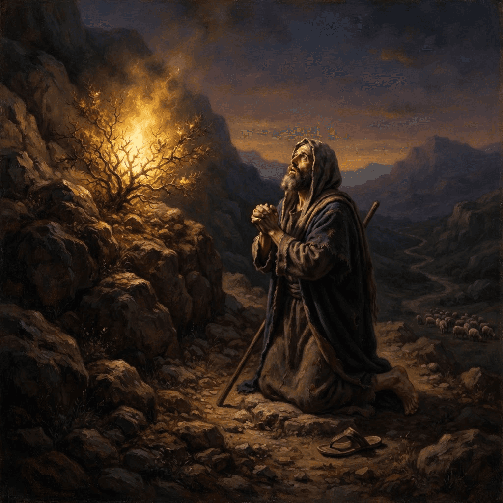 Classical oil painting style, Moses kneeling before the burning bush on a mountainside at dusk, awe and reverence on his face, warm sacred golden light radiating from the flames, dramatic chiaroscuro lighting, painterly brushstrokes, epic biblical story illustration, highly detailed, majestic and solemn atmosphere, no text