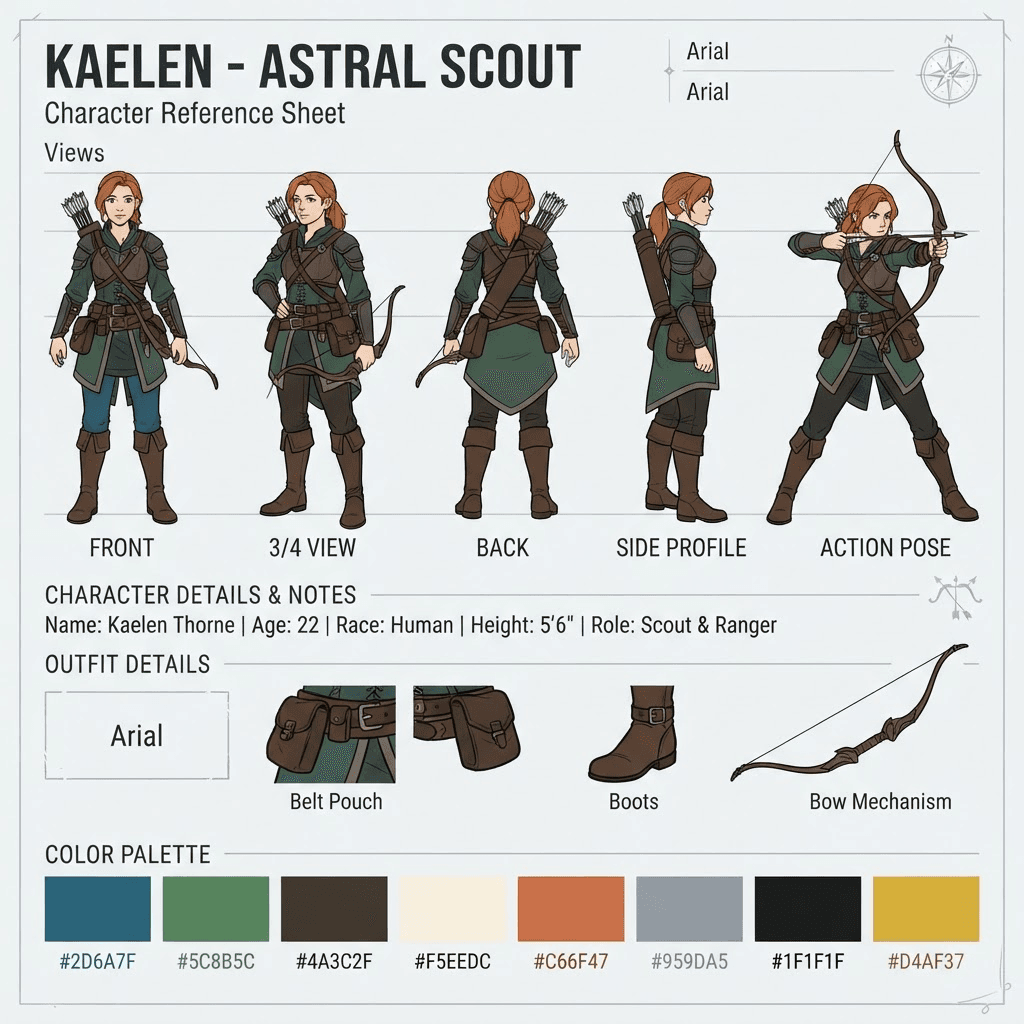 a character reference sheet with multiple views and a color palette strip, clean layout