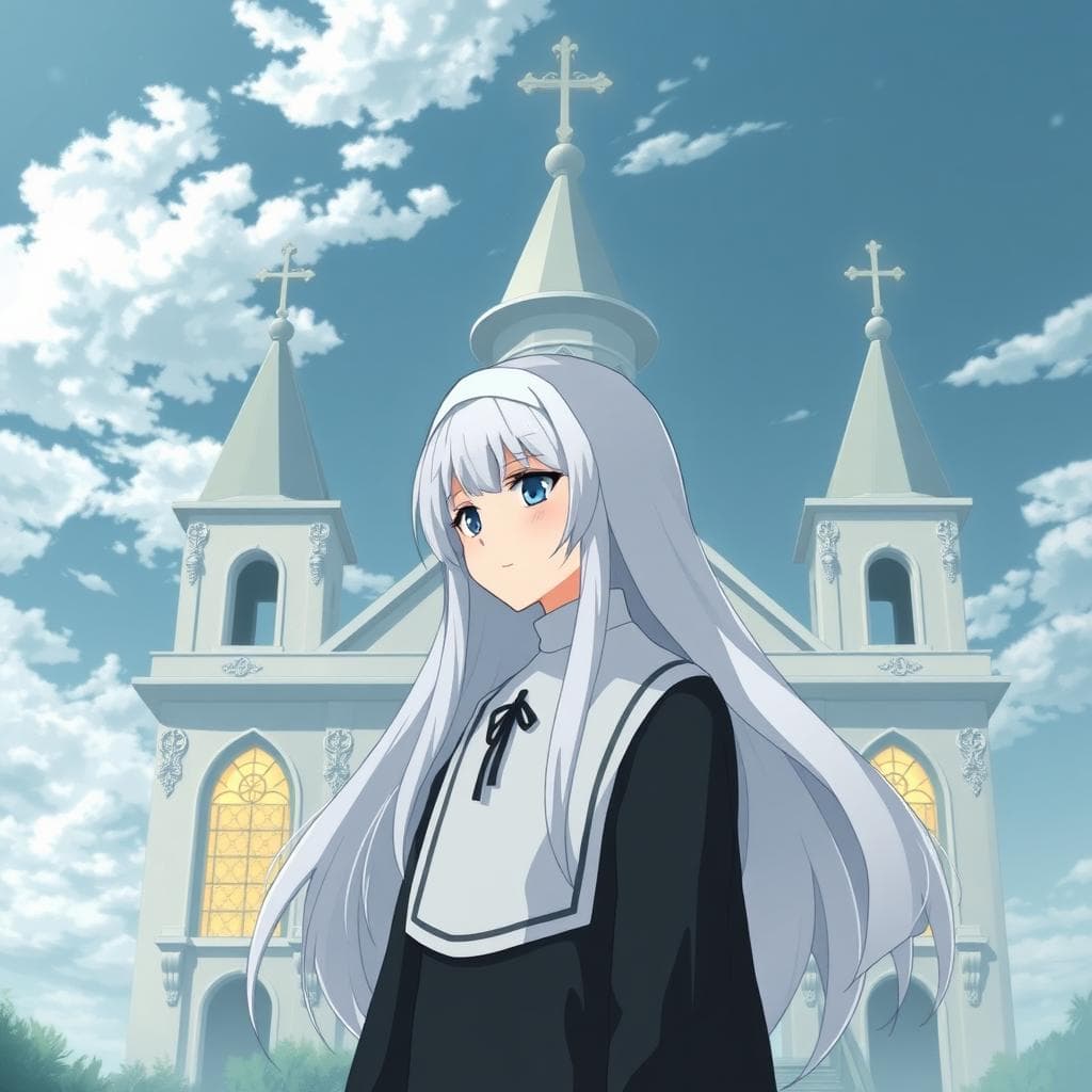 nun anime white hair church