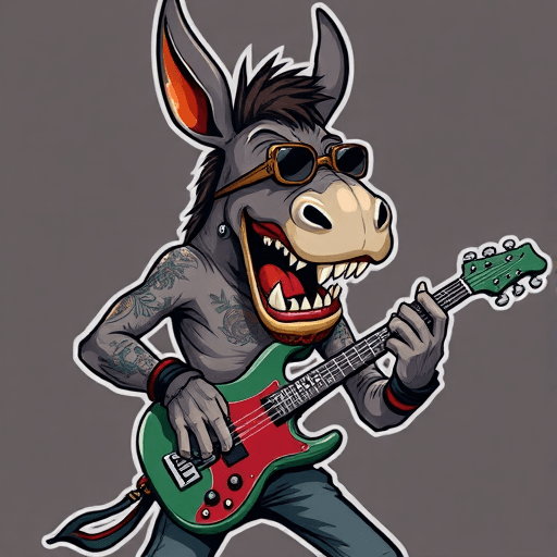 a crazed, angry cartoon punk rock donkey with tattoos and sunglasses playing bass guitar and showing his big flat donkey teeth