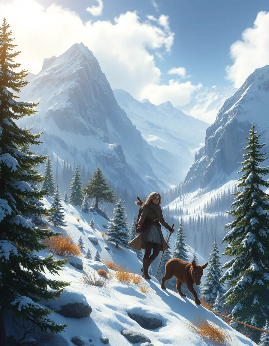 in a vibrant, idyllic, MAJESTIC SNOWY LANDSCAPE, where fantasy and adventure blend seamlessly with environmentalism, a strong female