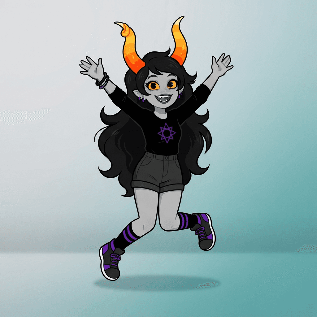 Original fantroll girl character, gray skin, spiral candy-corn horns, original violet star symbol, bold flat webcomic style