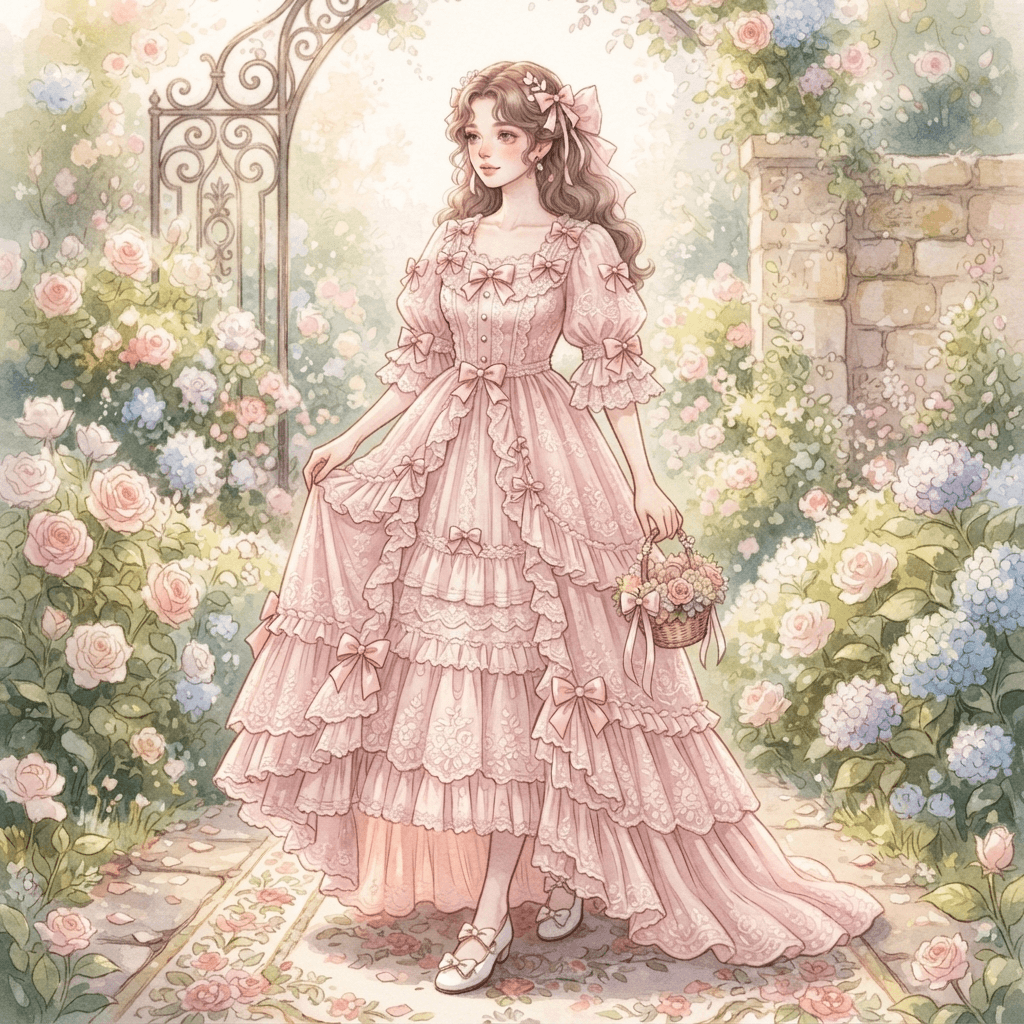 coquette fashion, soft pink ribbons and bows, lace trim, delicate feminine styling, full length gown look, fashion illustration, full body