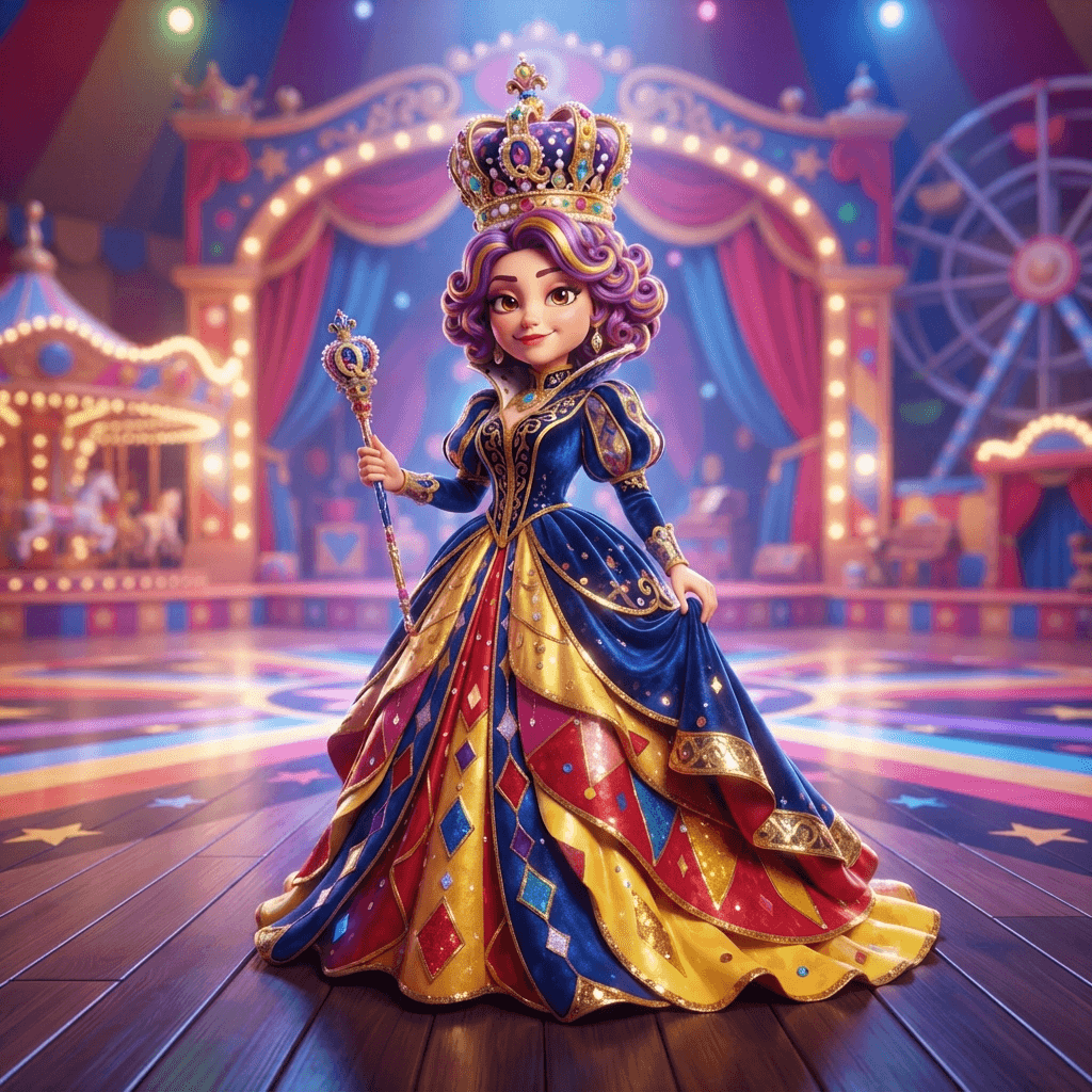 Queenie from The Amazing Digital Circus, regal cartoon queen character with a tall crown and elegant flowing gown, full-body portrait standing on the circus stage, glossy 3D circus style, polished expressive 3D animation, bright colorful Amazing Digital Circus environment, no text, no logo, no watermark