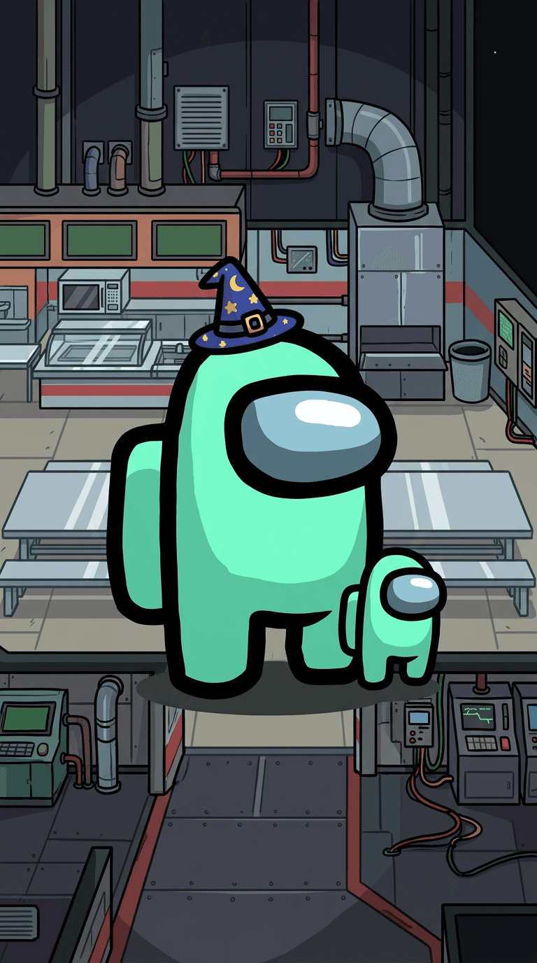 Original Among Us crewmate in the Among Us game art style: a mint green crewmate wearing a tiny wizard hat and carrying a mini crewmate pet, flat colours with thick dark outlines, spaceship cafeteria background. Portrait framing from the waist up, face in the upper third of the frame, one character only. No text, no logo, no watermark.